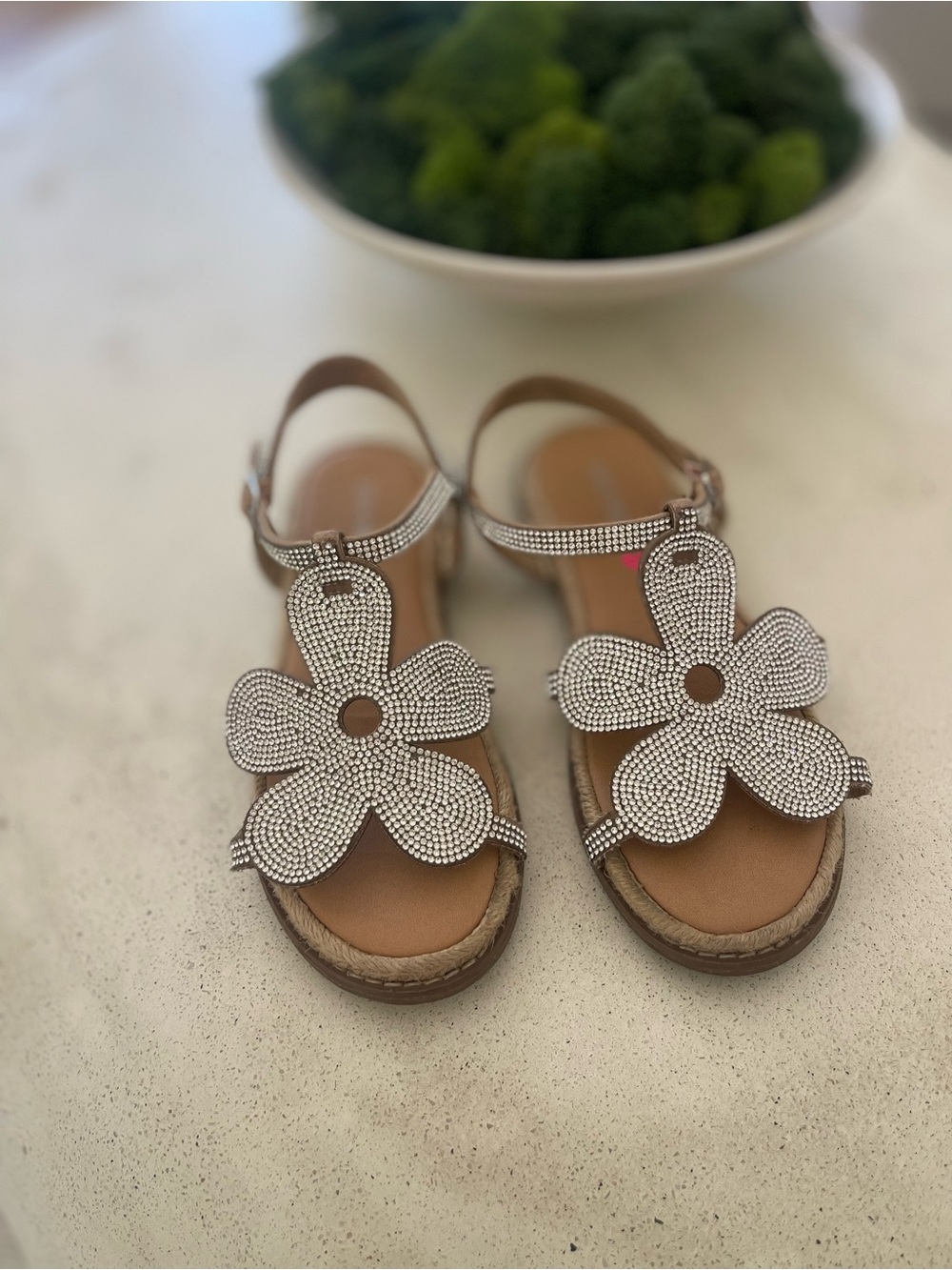 Steve Madden Girls Tan Sandals with Silver Flower Rhinestones